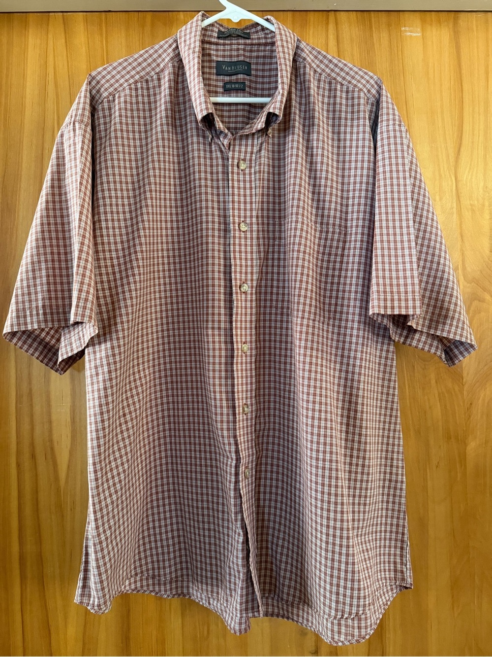Van Heusen Men’s Short-Sleeve Red and White Check Button-Down Shirt